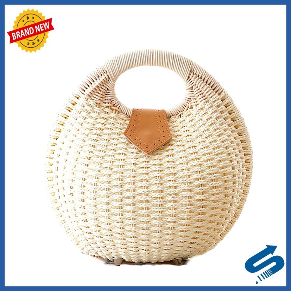 Hand-Woven Straw Tote Bag Retro Summer Beach Rattan Shell Handle Ring